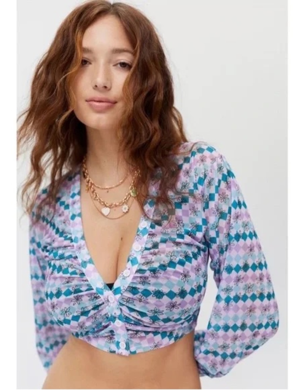 Urban Outfitters Mesh Ruched Blouse long sleeve Y2K design crop top size S